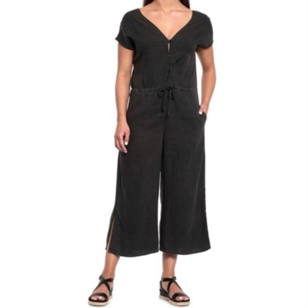 Cloth & Stone Tencel V Neck Wide Leg Crop Jumpsuit Black Small Minimalist